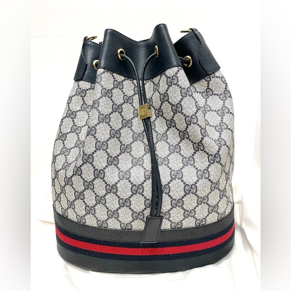 NWOT GUCCI Authentic RARE Vintage Navy Large Monogram Canvas Striped Bucket Bag - Picture 1 of 14